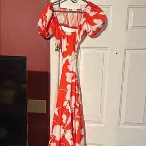 SHEIN Red and White Sweetheart Puff Sleeve Dress